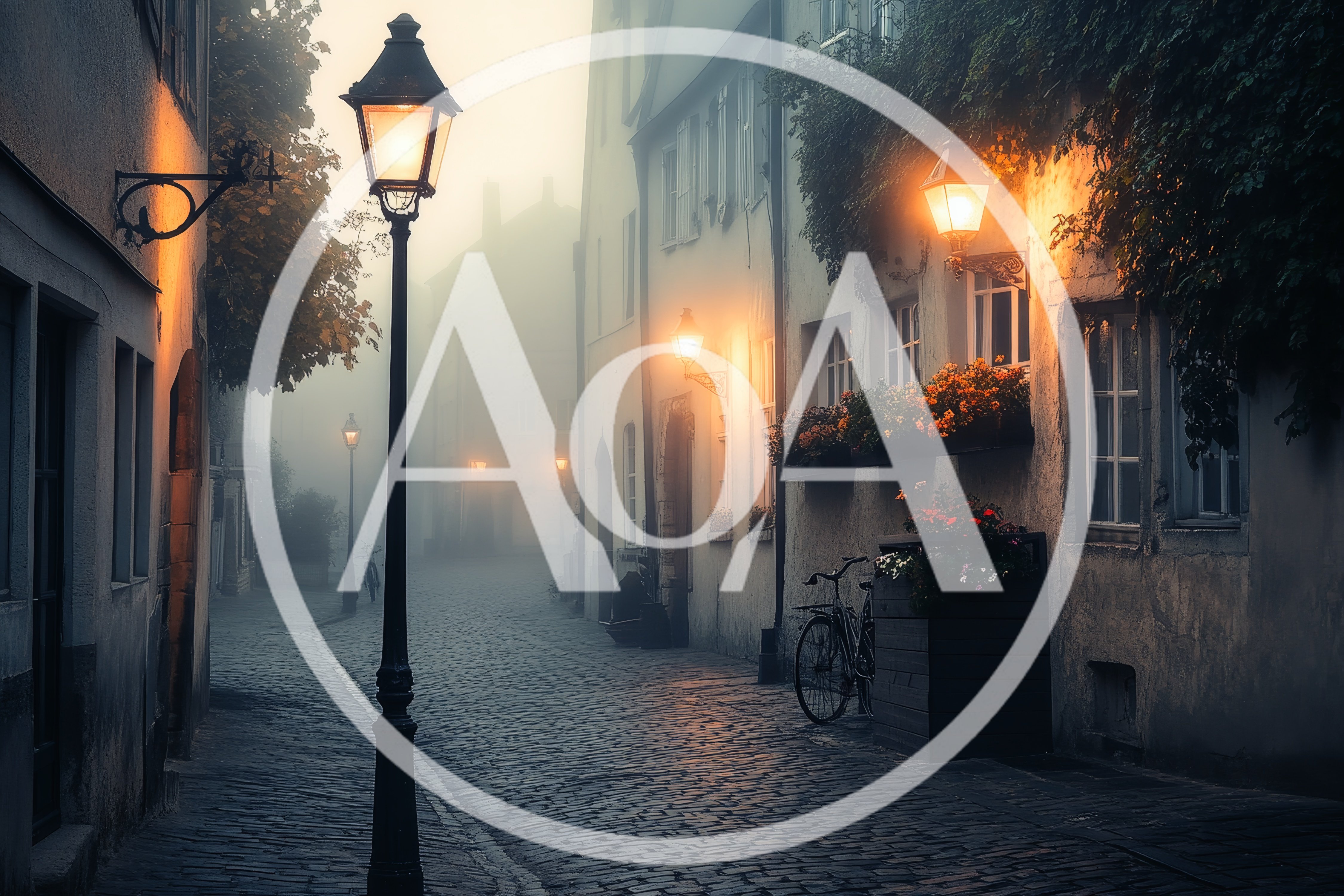 Cobblestone Street In A Foggy European Town At Dusk
