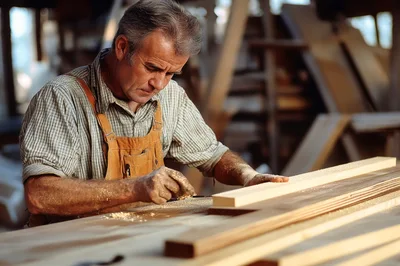 Skilled Carpenter Working With Wood In Workshop