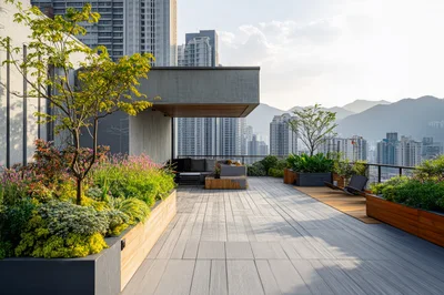 Modern Rooftop Terrace With City Skyline View
