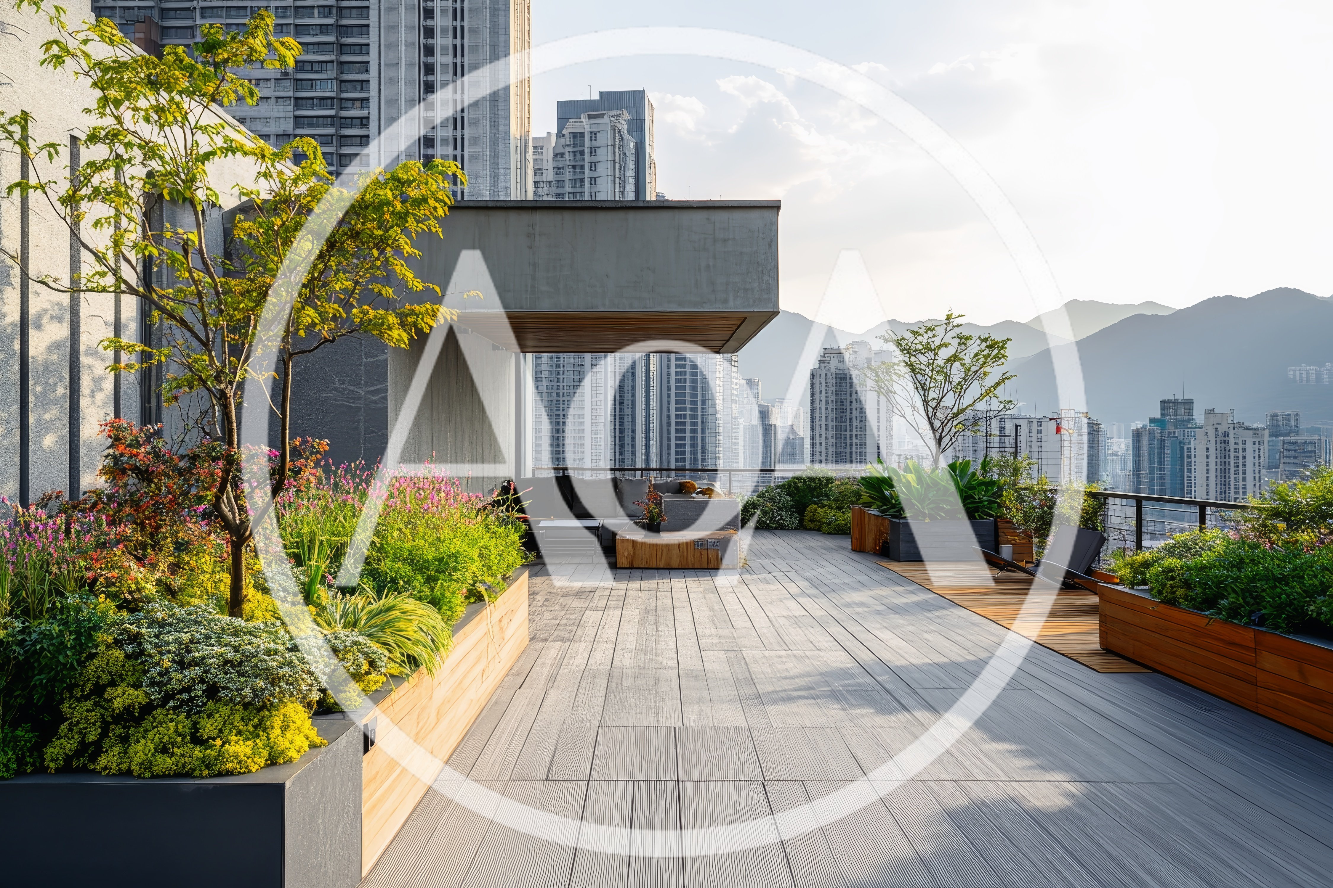 Modern Rooftop Terrace With City Skyline View