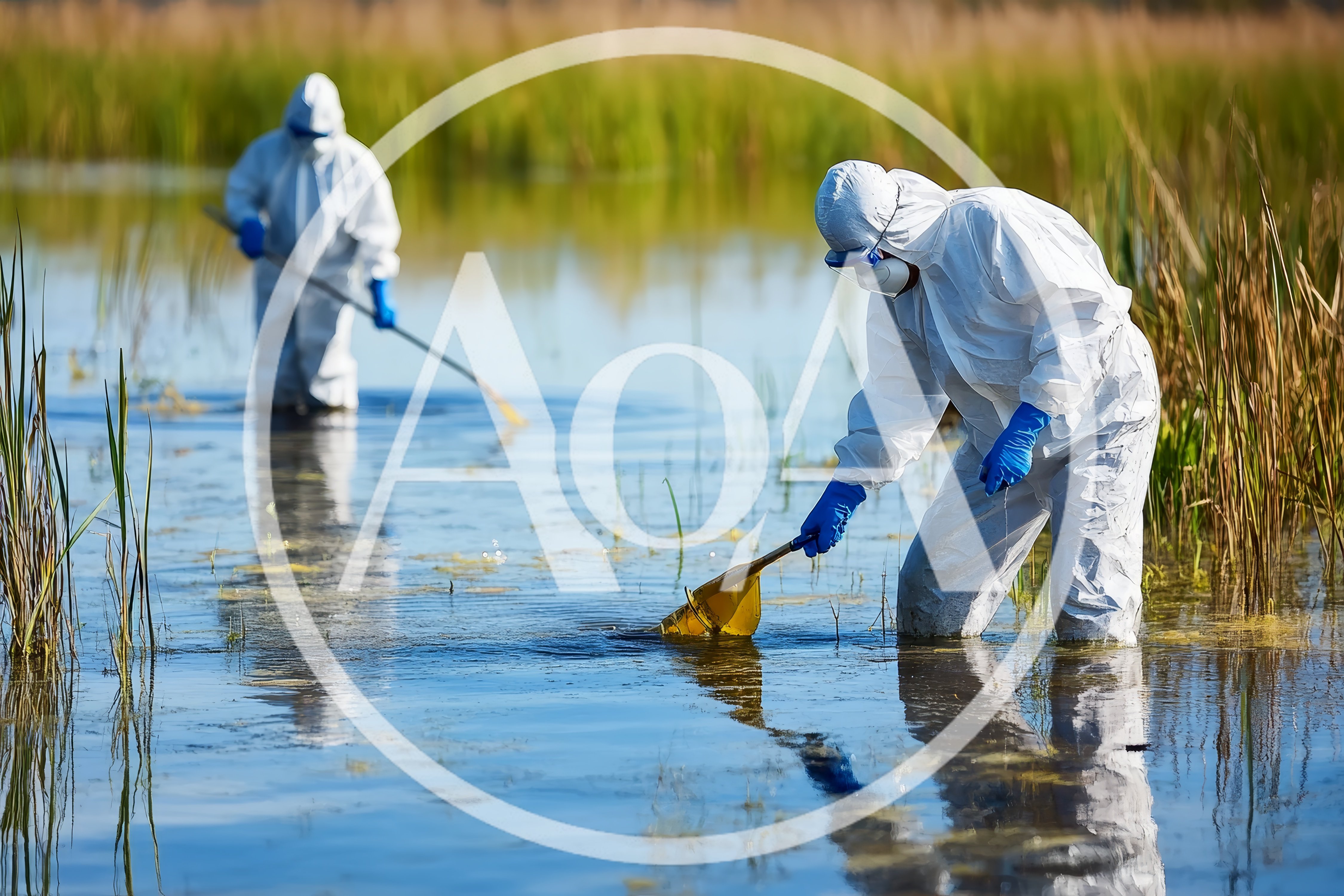 Environmental Scientists Collecting Water Samples In Protective Suits
