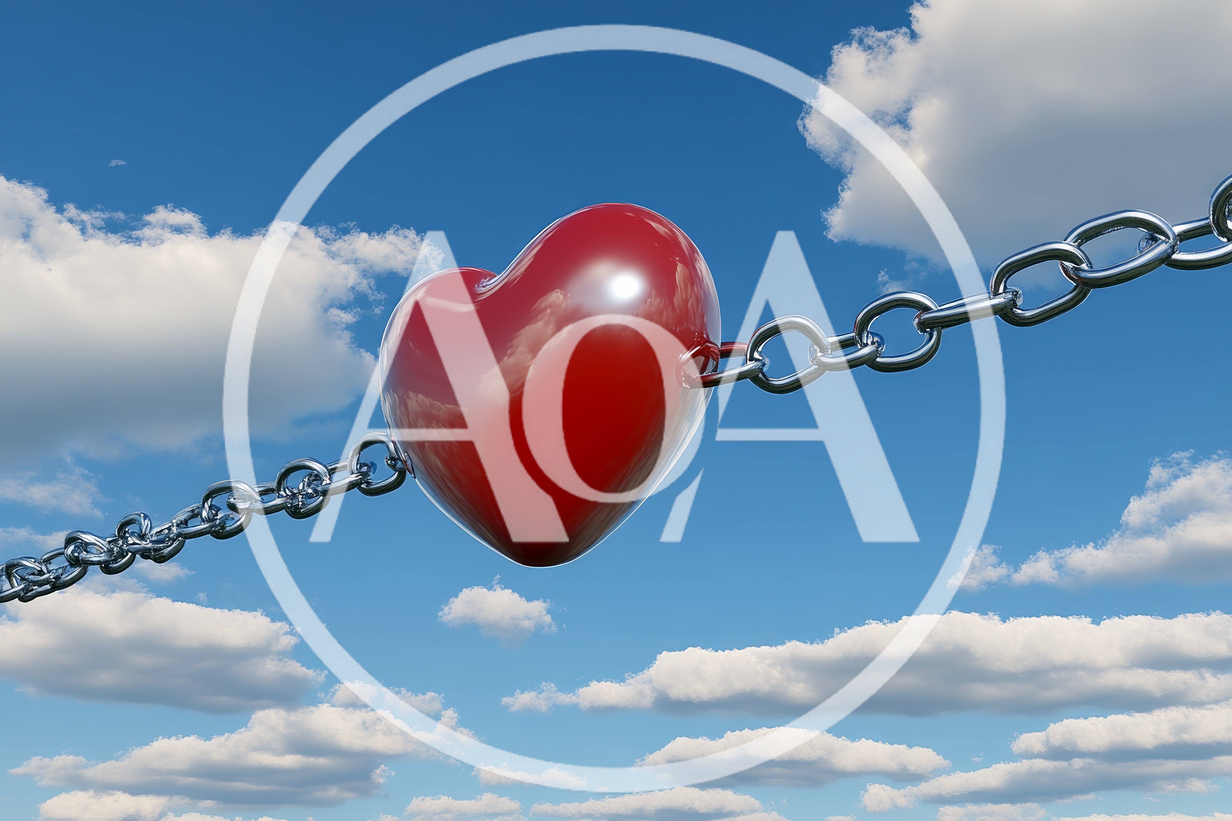 Red Heart Connected By Metal Chains In The Sky