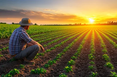 Farmer Crouching In A Field At Sunset