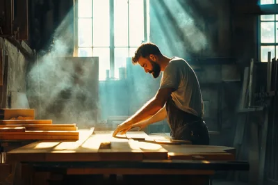 Carpenter Working With Wood In A Dusty Workshop