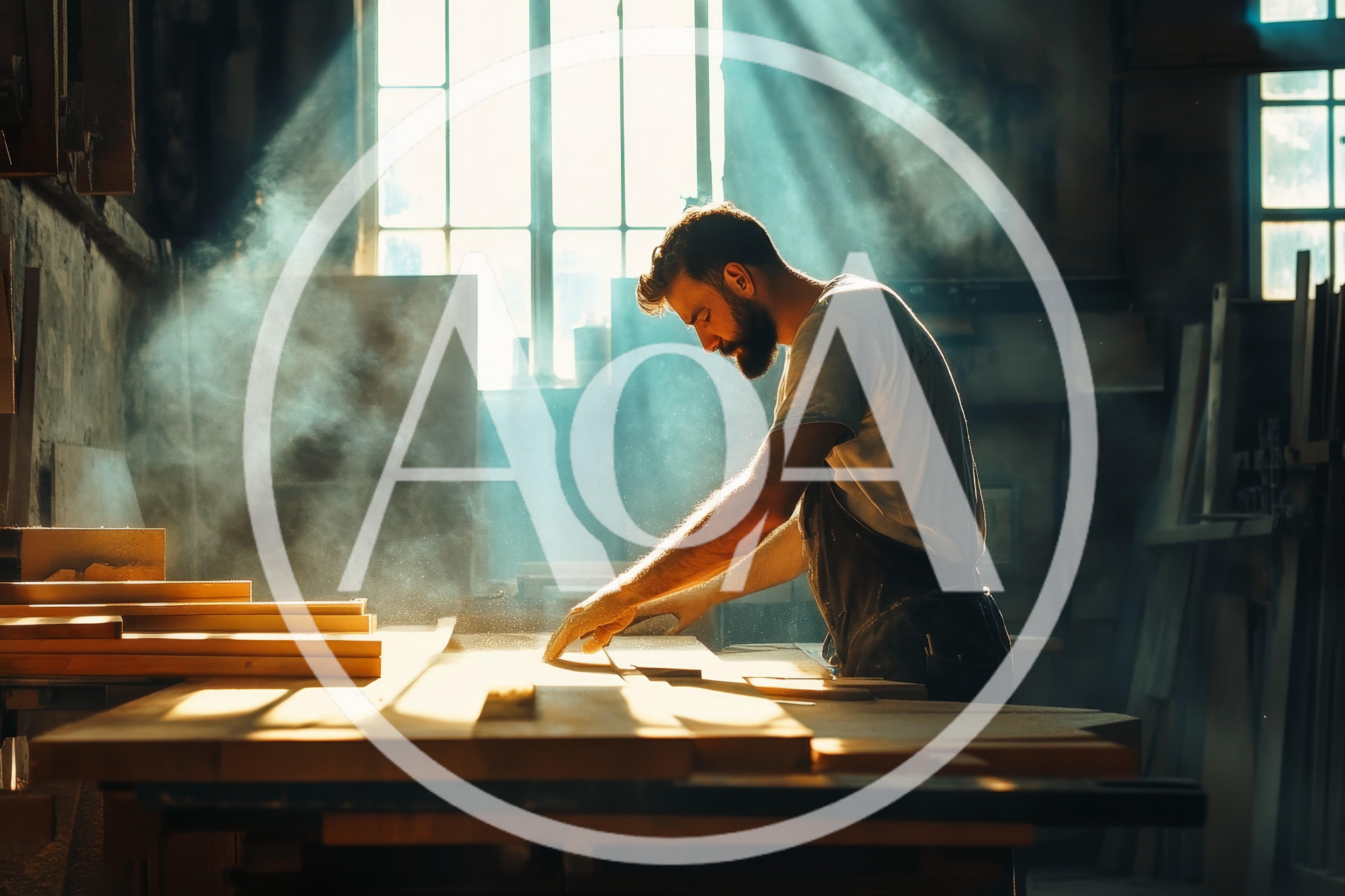 Carpenter Working With Wood In A Dusty Workshop
