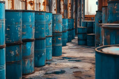 Rusty Blue Industrial Barrels In Abandoned Warehouse
