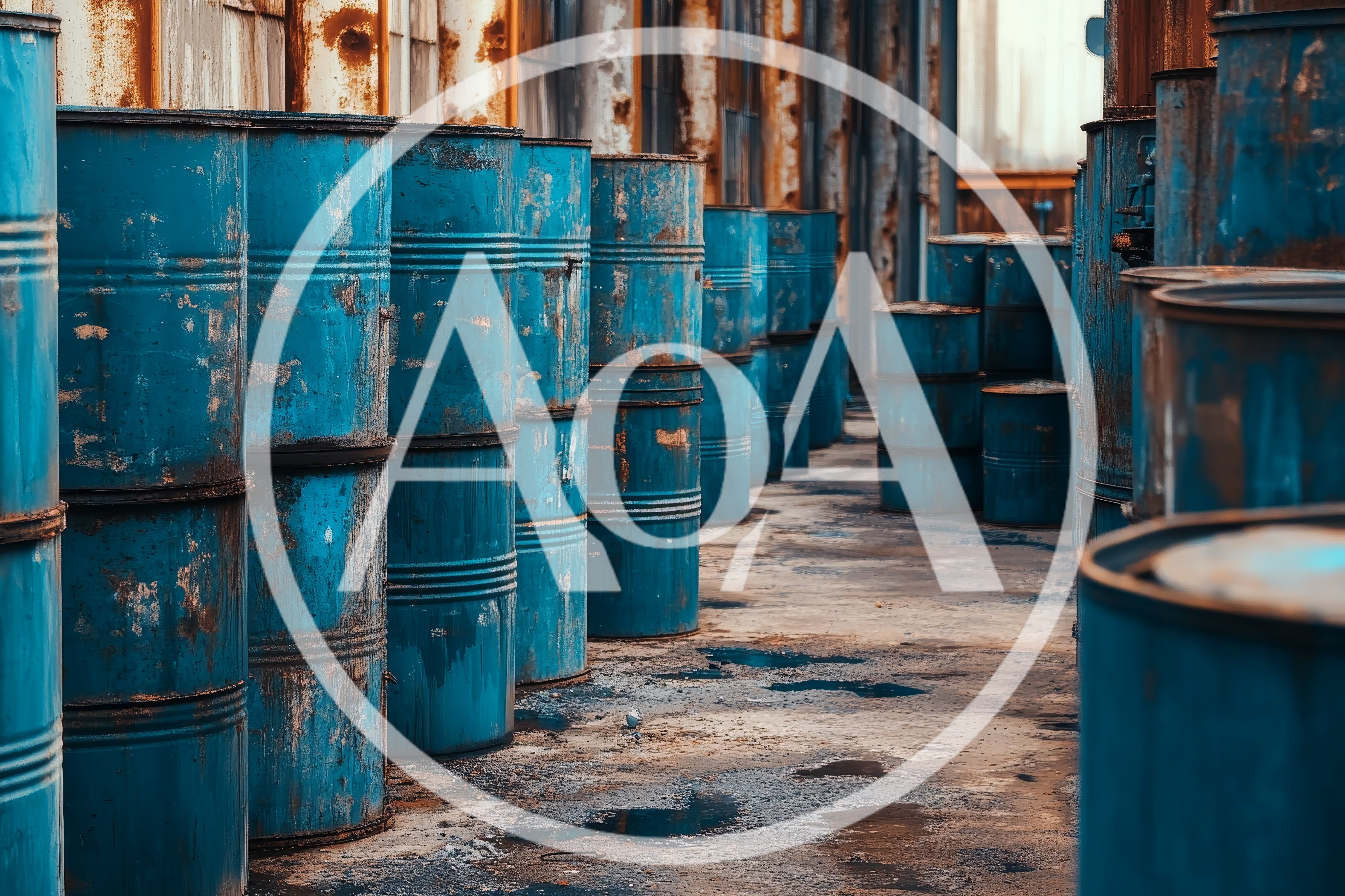 Rusty Blue Industrial Barrels In Abandoned Warehouse