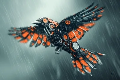 Mechanical Bird Flying Through Heavy Rain
