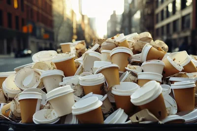 Overflowing Trash Bin Filled With Used Coffee Cups