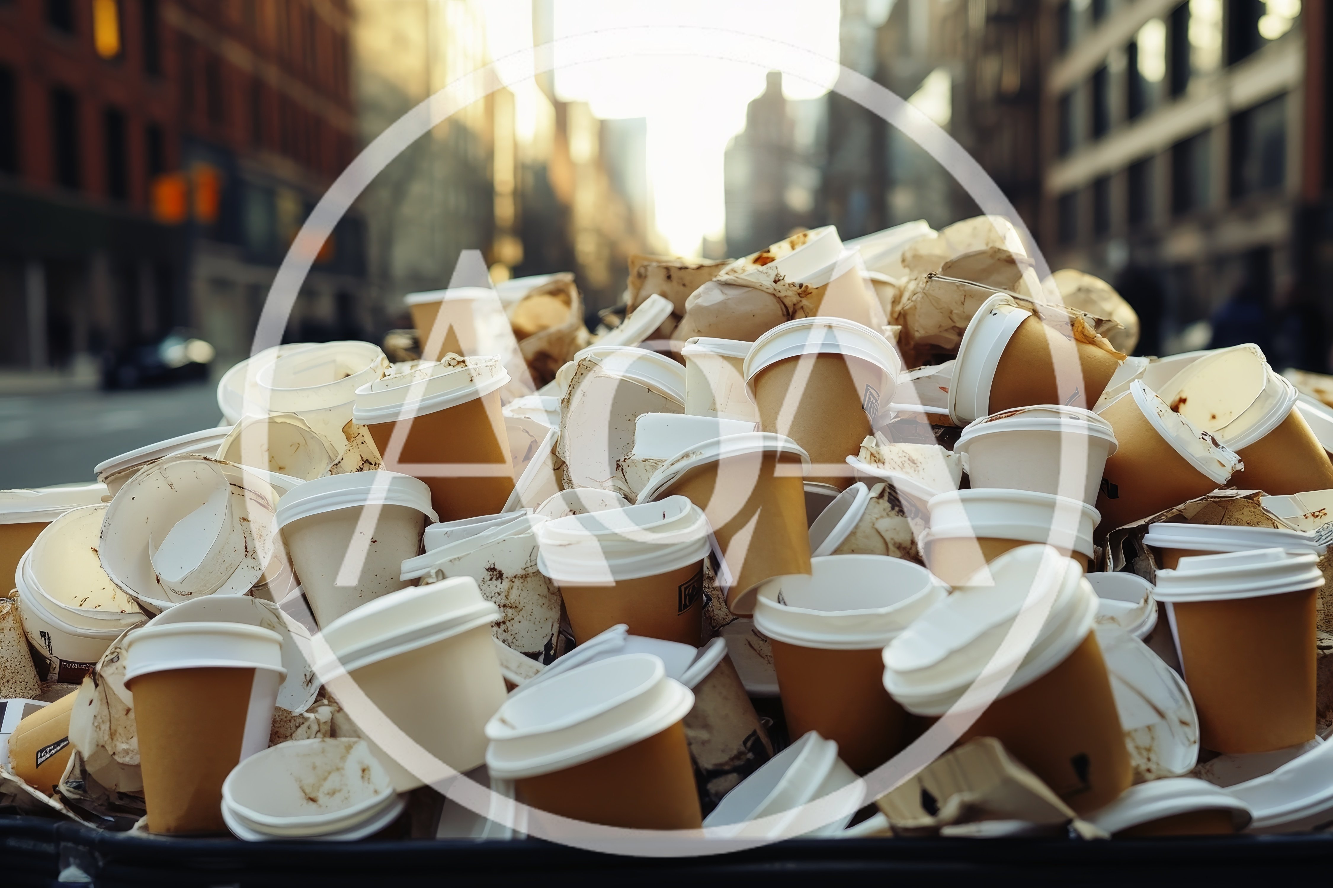 Overflowing Trash Bin Filled With Used Coffee Cups