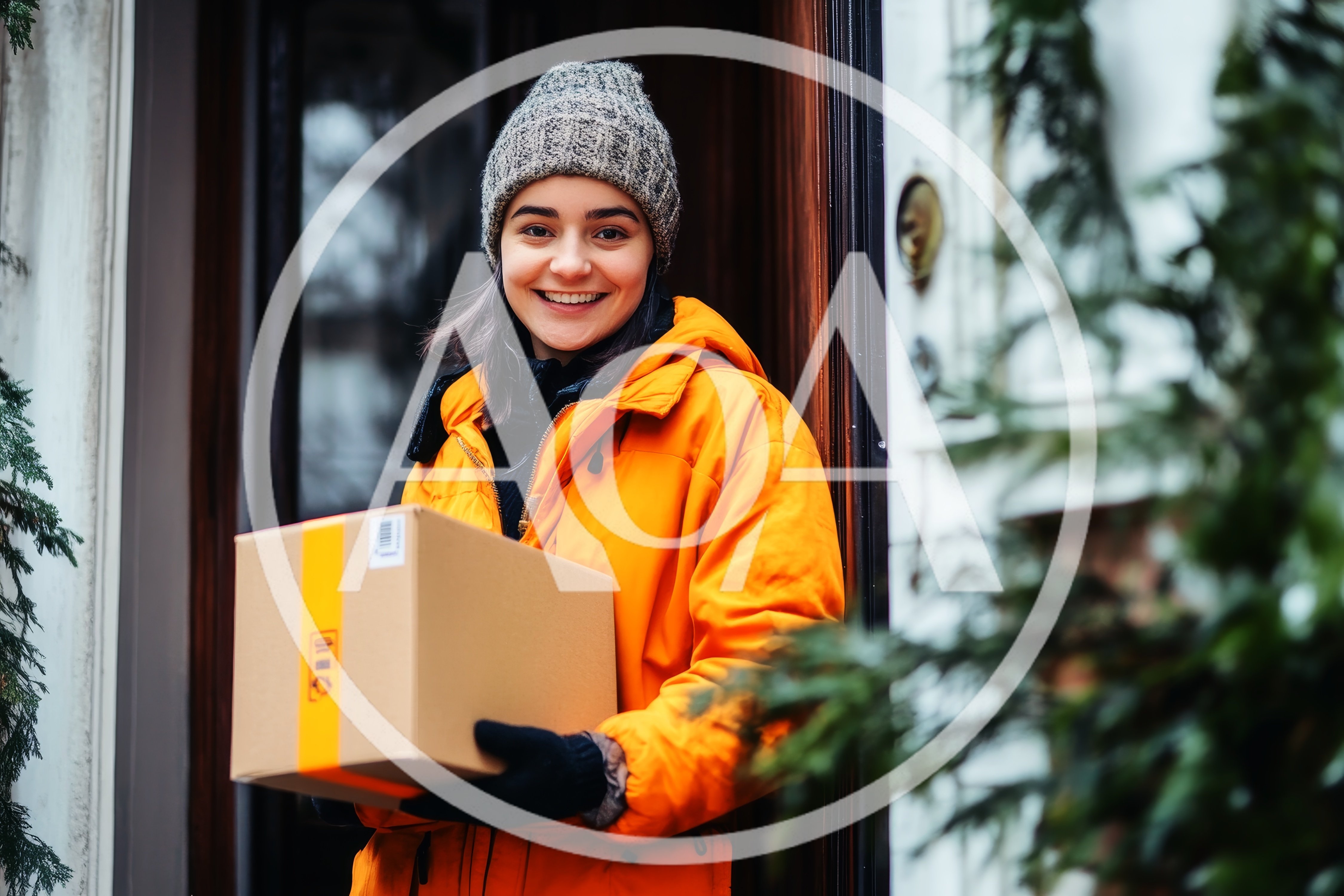 Delivery Person Holding Package At Front Door