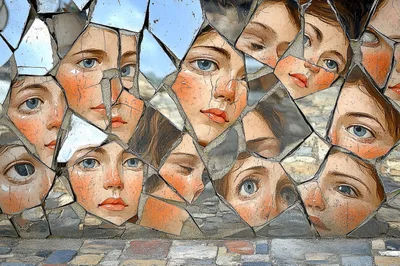 Fragmented Mosaic Art Installation Featuring Multiple Painted Faces