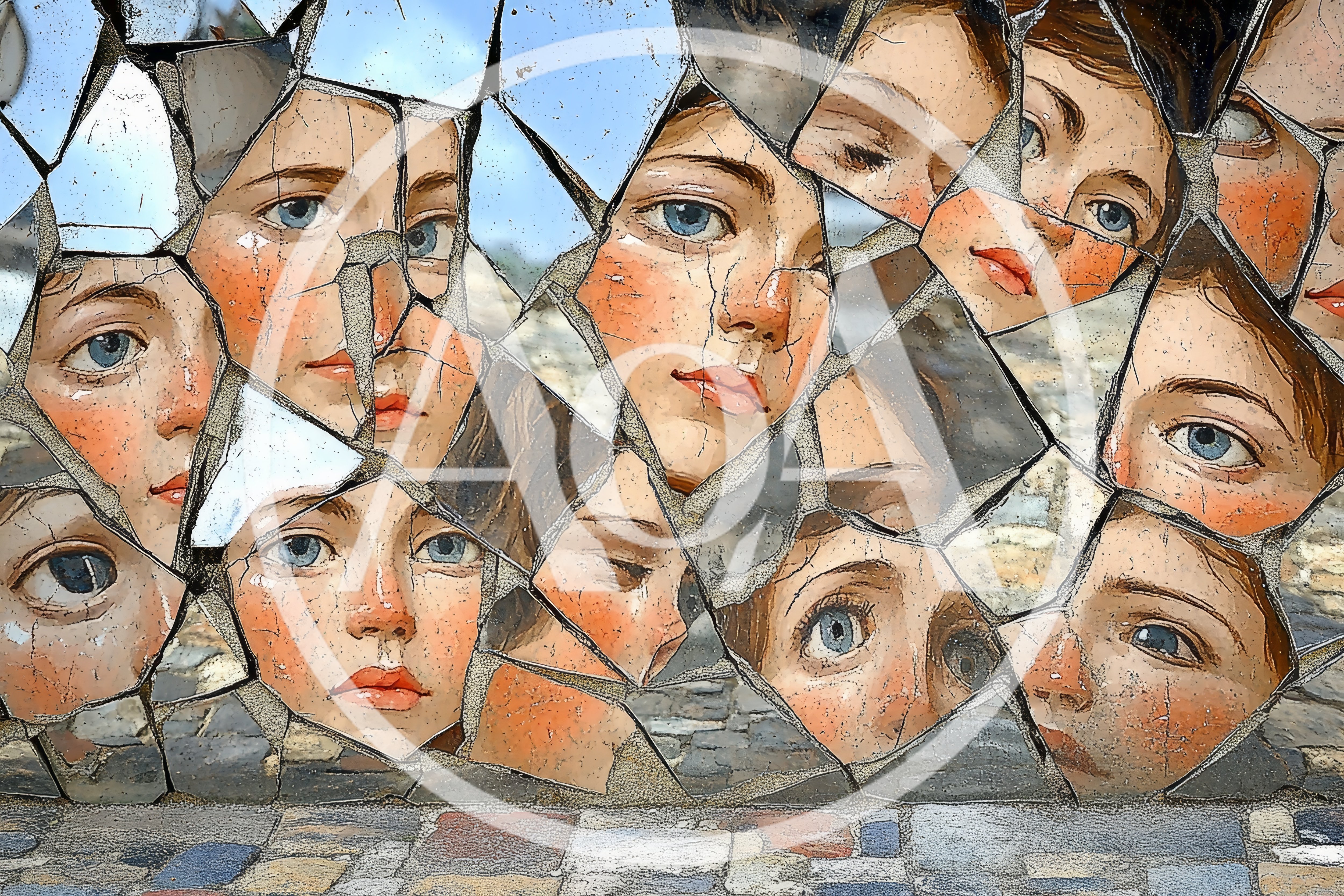 Fragmented Mosaic Art Installation Featuring Multiple Painted Faces