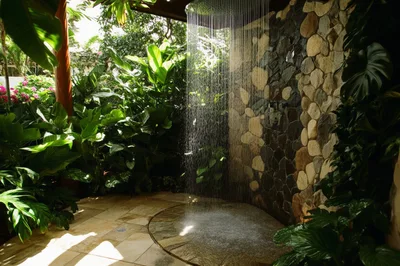 Outdoor Tropical Rain Shower In A Lush Garden