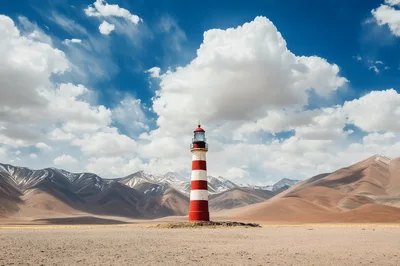Red and White Lighthouse in Arid Mountain Landscape