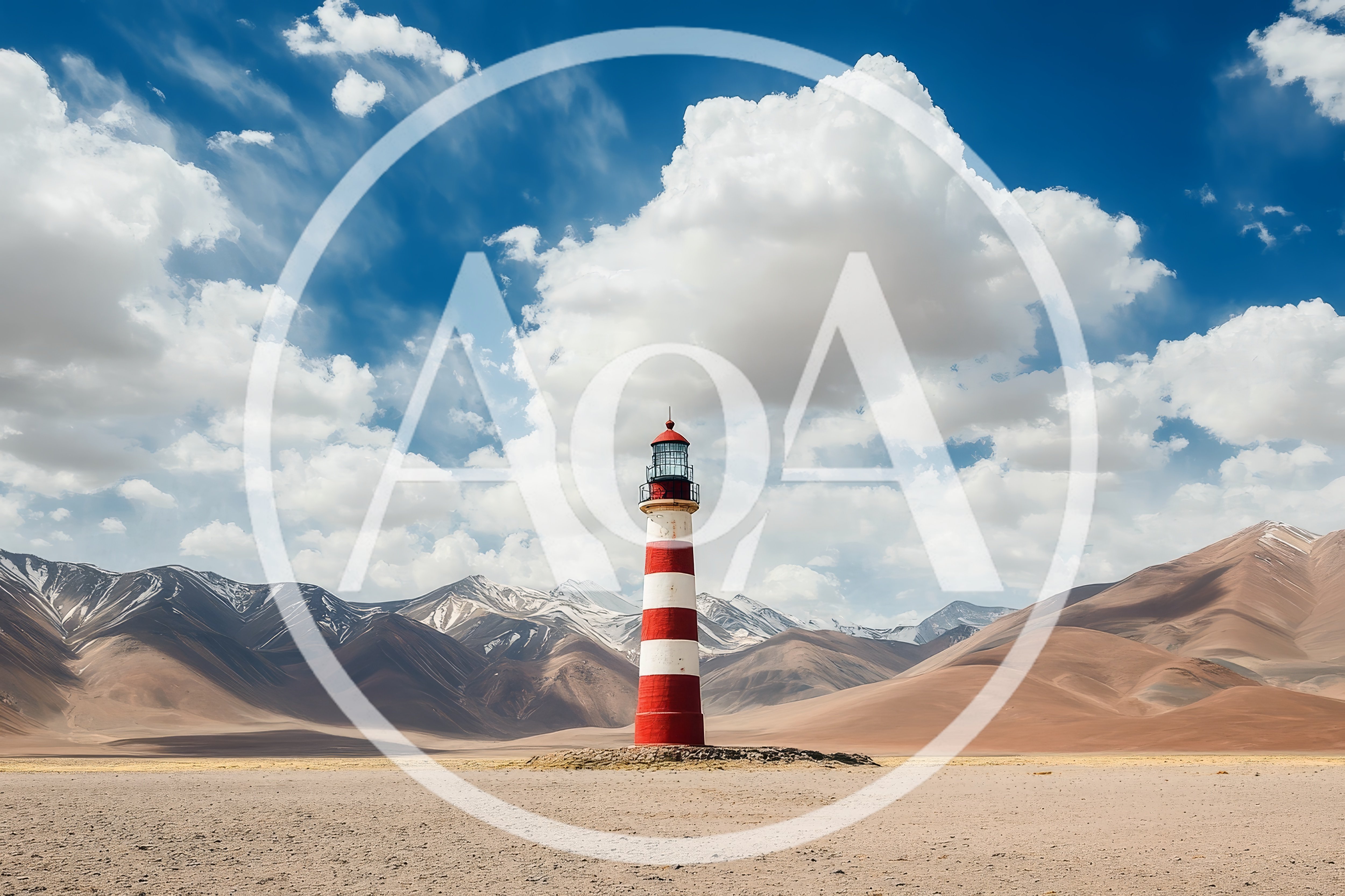 Red and White Lighthouse in Arid Mountain Landscape
