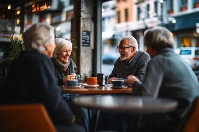 Group Of Senior Friends Conversing At A Cafe
