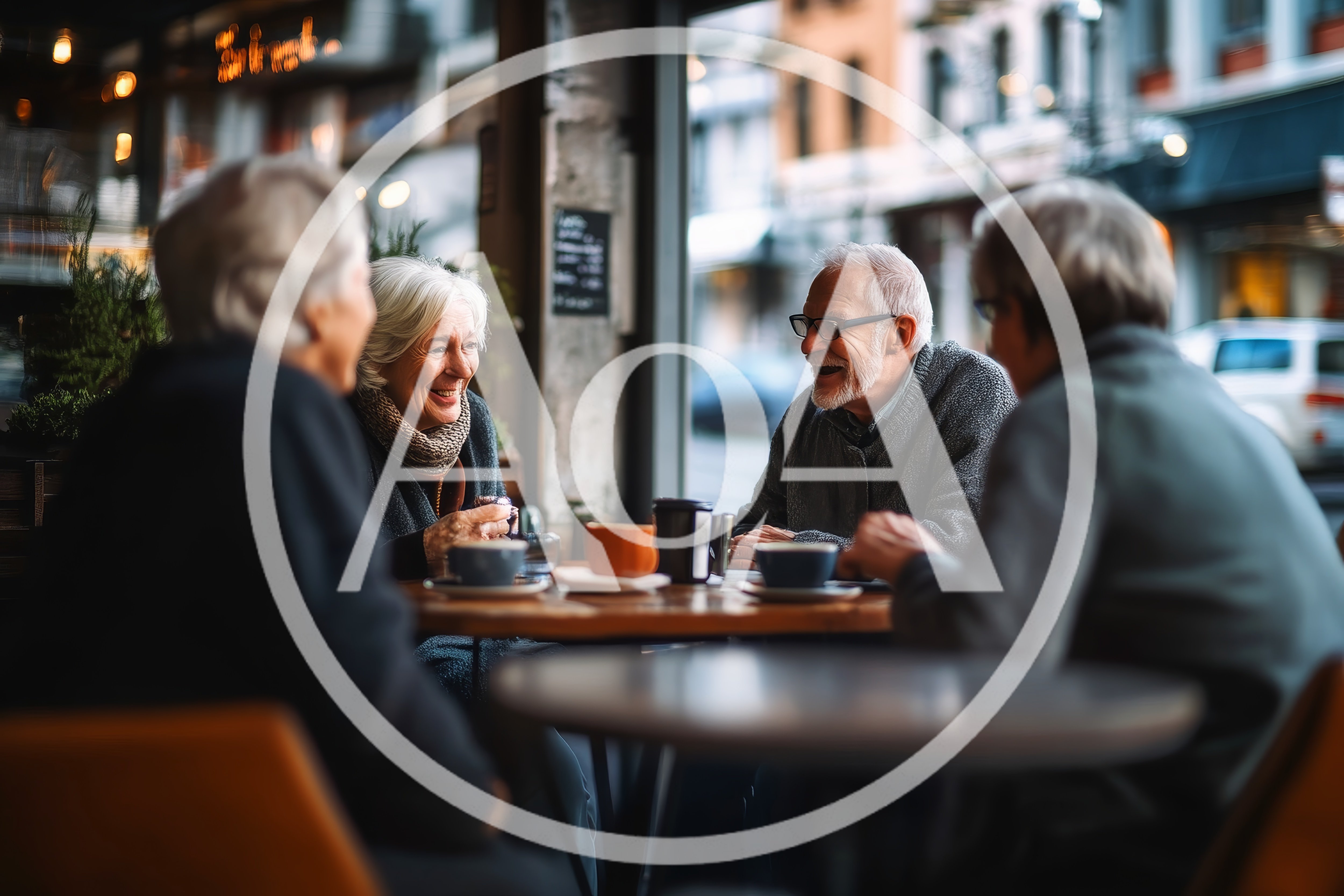 Group Of Senior Friends Conversing At A Cafe