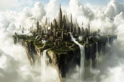 Floating Fantasy City With Cascading Waterfalls In Clouds