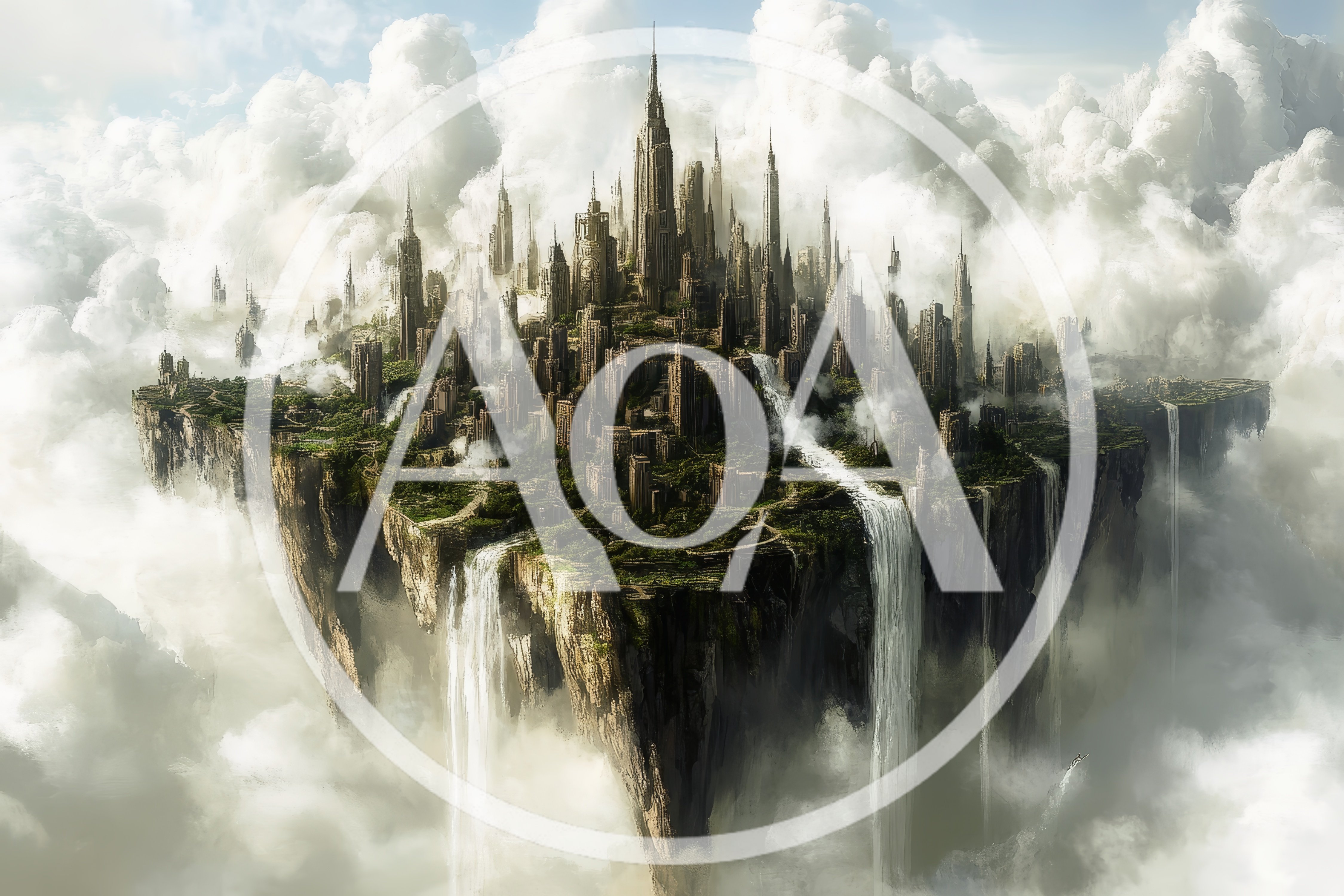 Floating Fantasy City With Cascading Waterfalls In Clouds