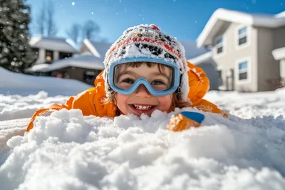 Happy Child Playing In Deep Snow