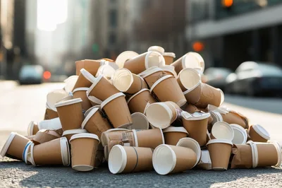 Large Pile Of Discarded Paper Coffee Cups