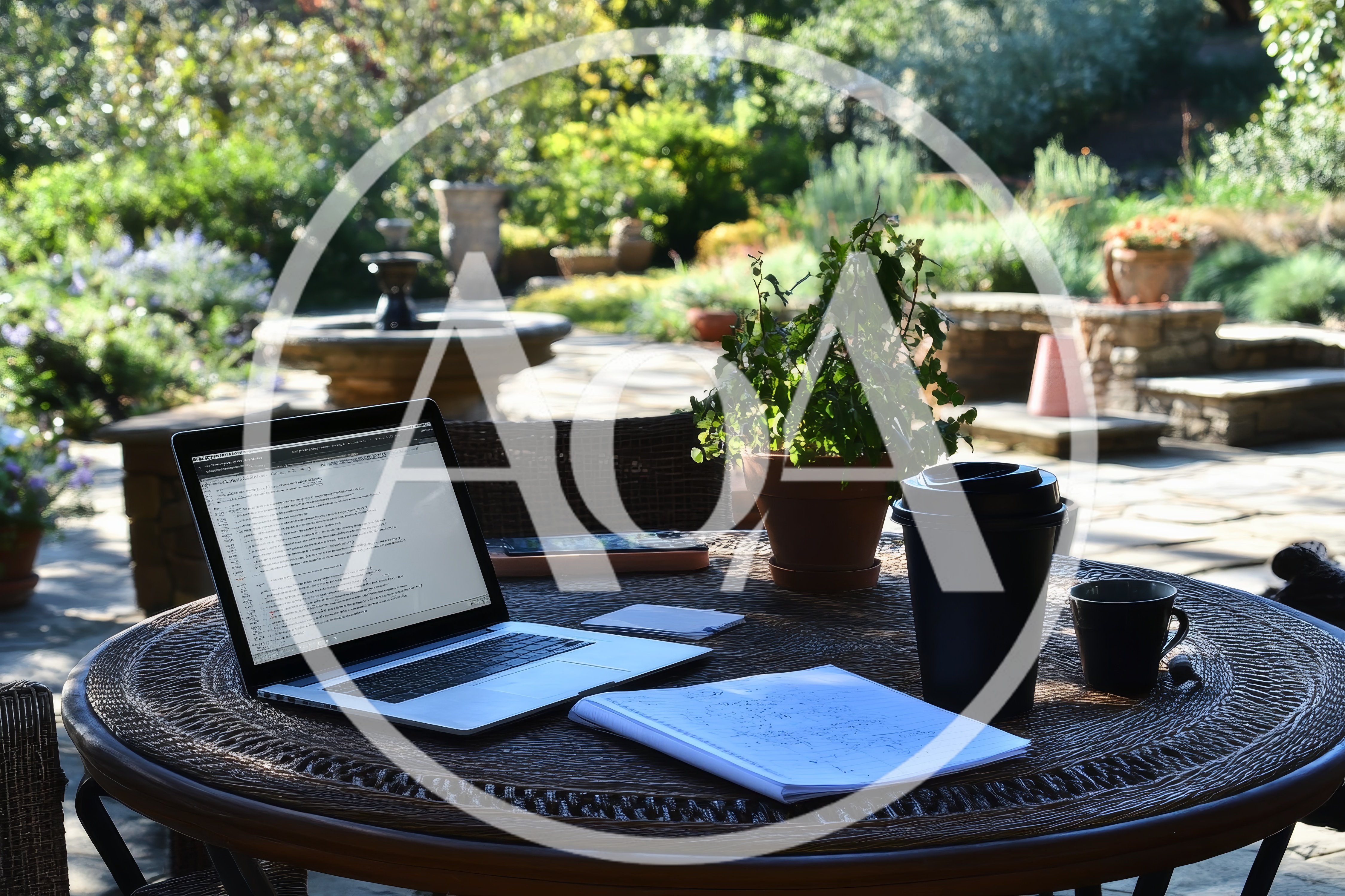 Laptop And Coffee On Outdoor Garden Table