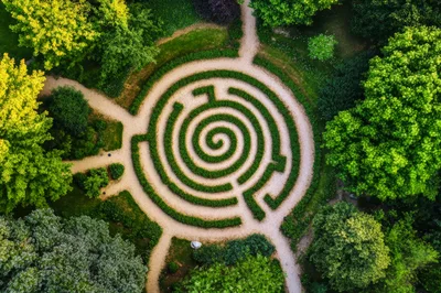 Aerial View Of A Circular Garden Hedge Maze