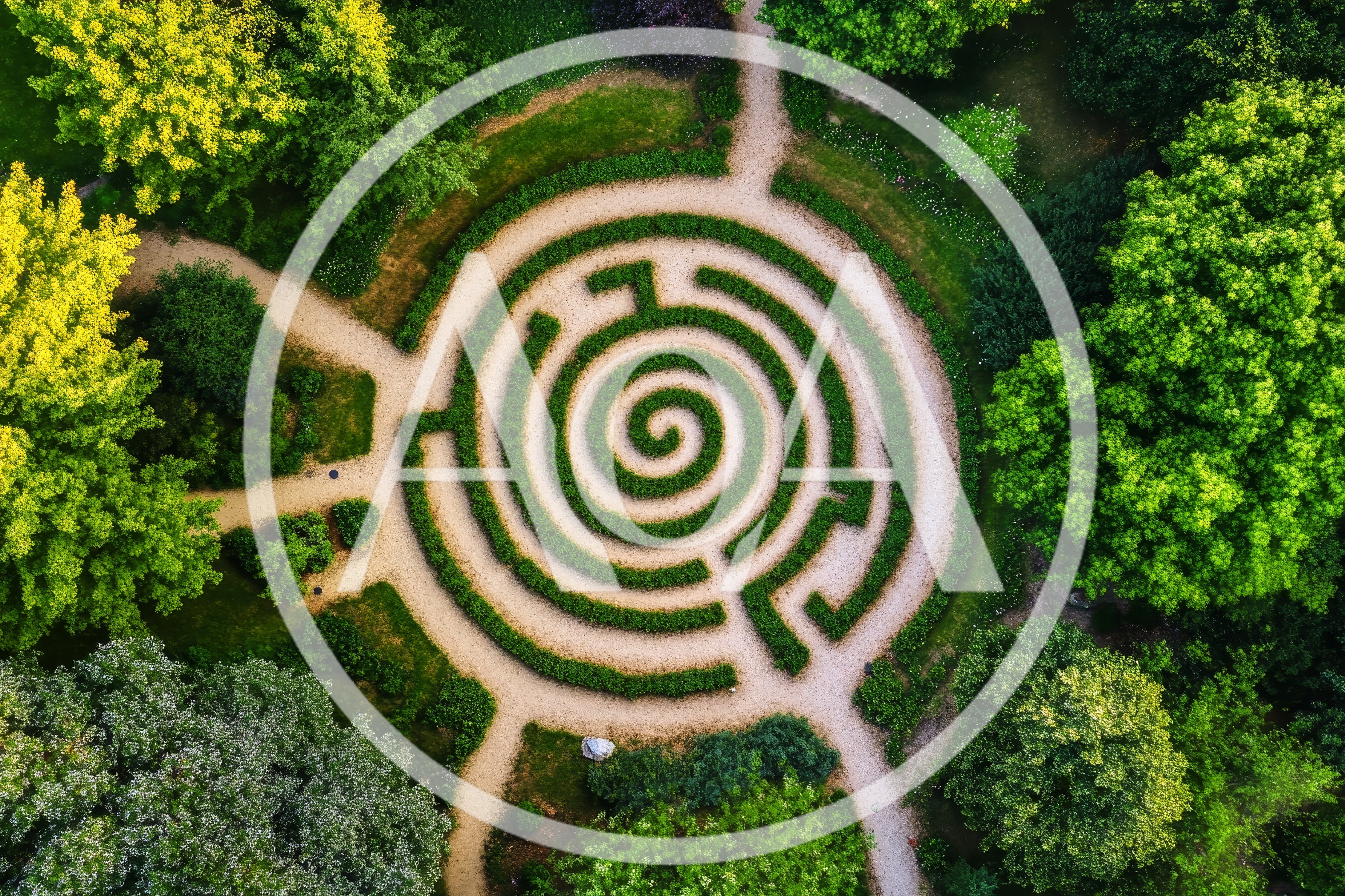 Aerial View Of A Circular Garden Hedge Maze