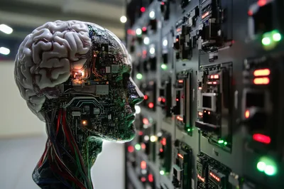 Cybernetic Humanoid Head With Exposed Brain And Circuitry