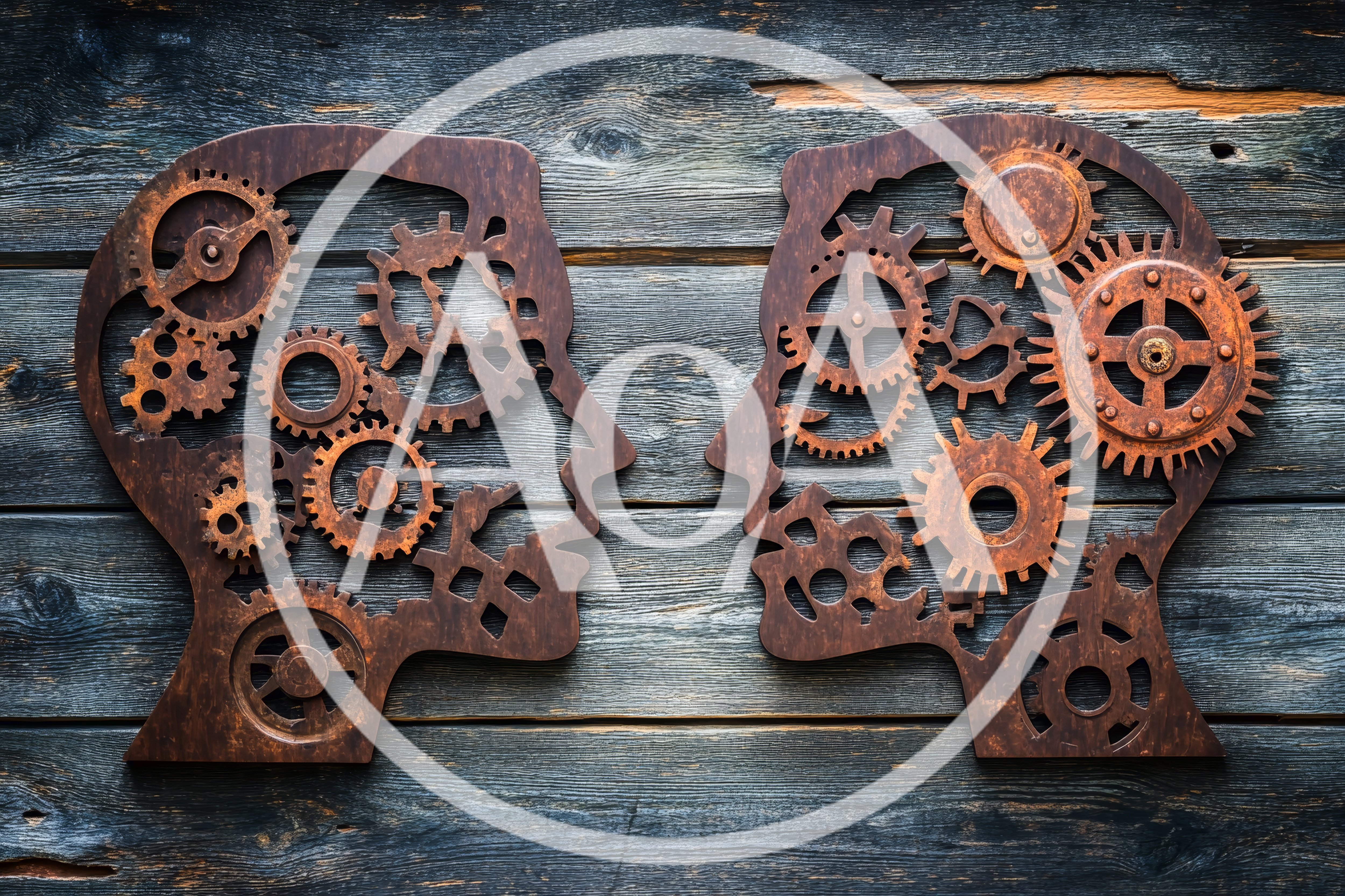 Two Metal Human Head Silhouettes With Internal Gears