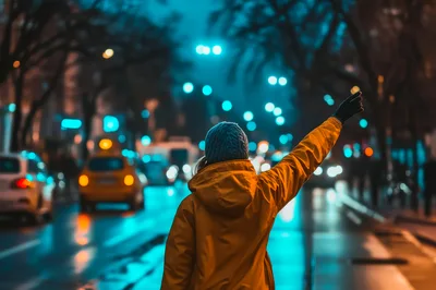 Person In Yellow Jacket Hailing A Taxi At Night