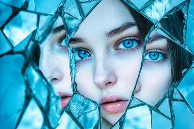 Surreal Portrait Of A Woman Behind Shattered Glass