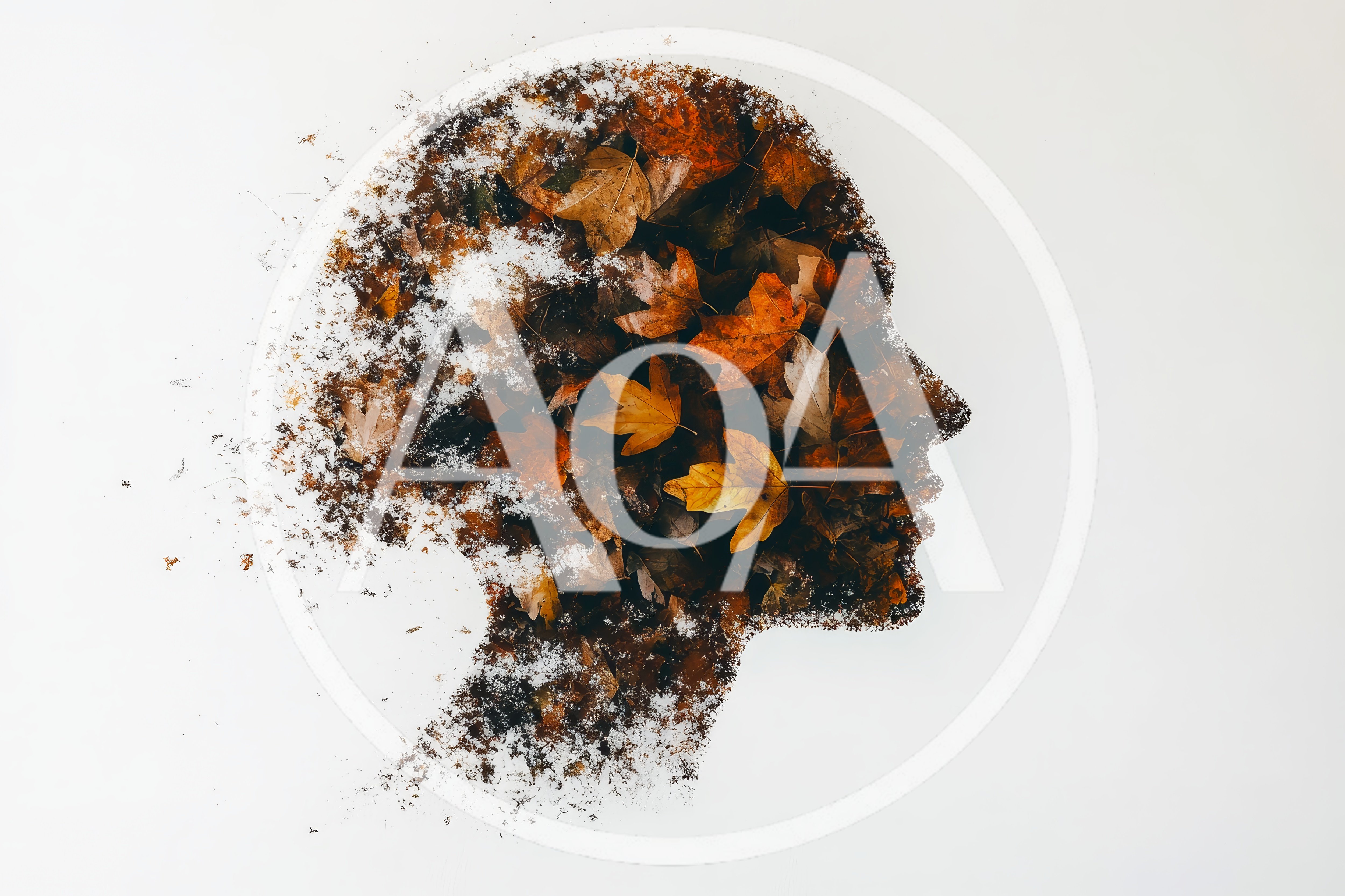 Human Head Silhouette Filled With Autumn Leaves And Snow