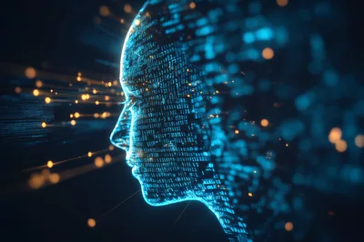 Digital Human Head Formed From Glowing Binary Code