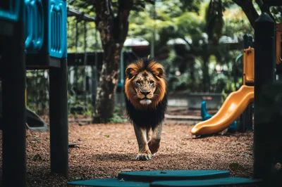 Majestic Male Lion Walking Through A Childrens Playground