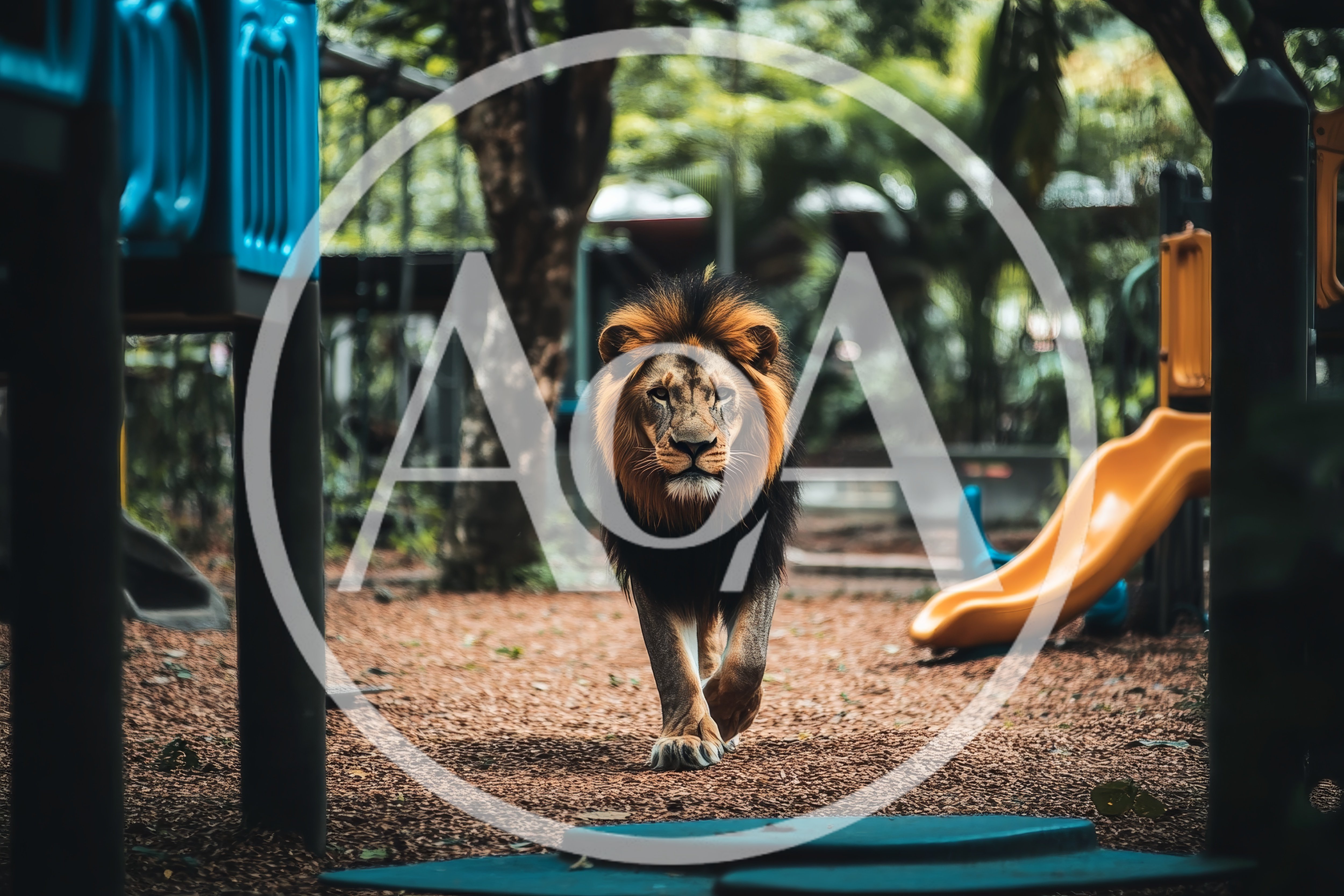 Majestic Male Lion Walking Through A Childrens Playground