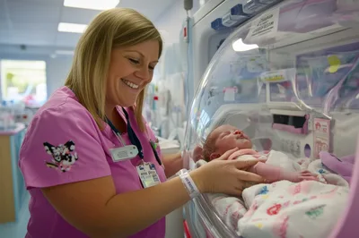 Neonatal Nurse Caring For Newborn In Hospital Incubator