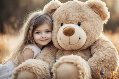 Little Girl Hugging A Large Teddy Bear Outdoors