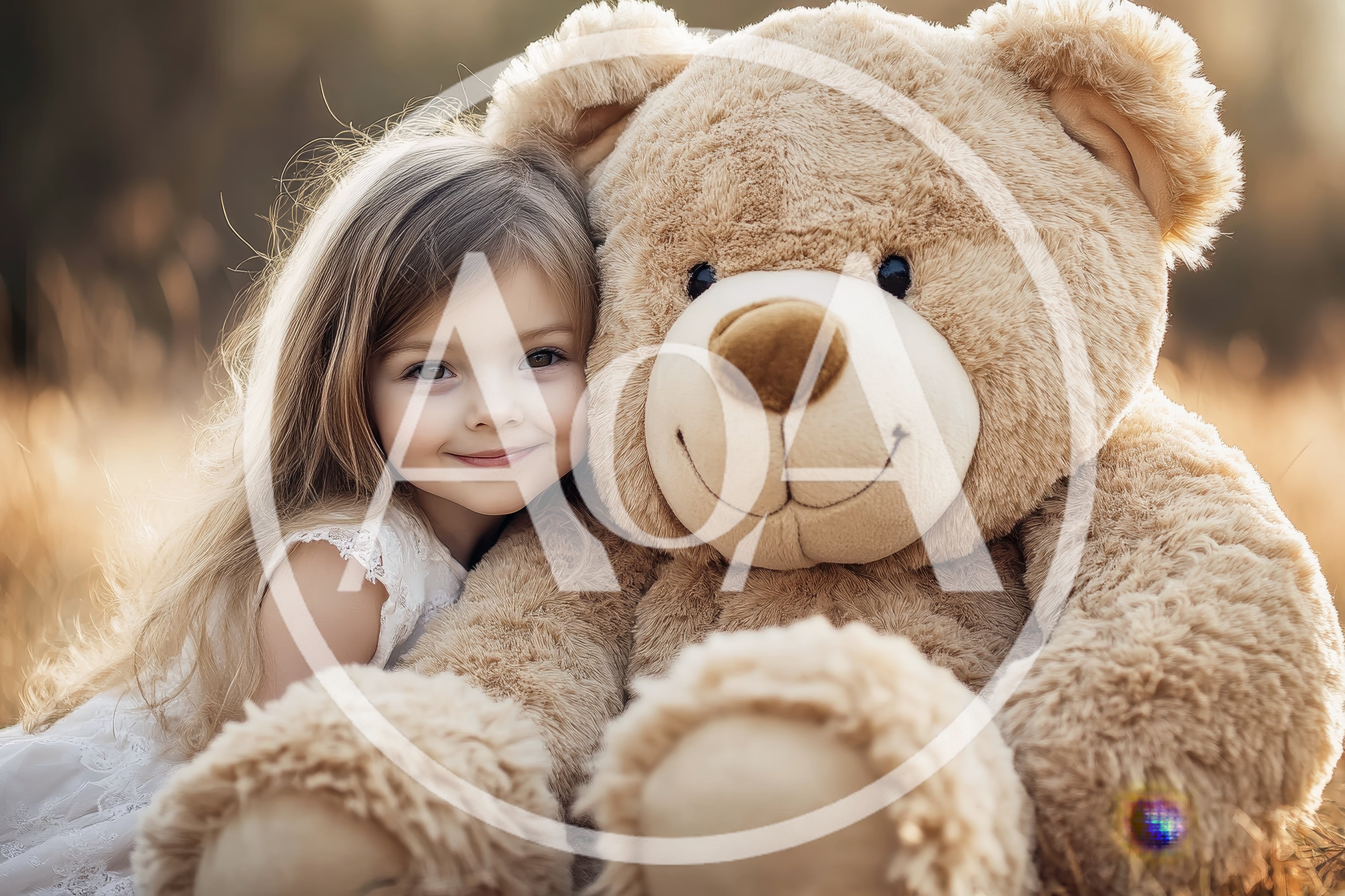 Little Girl Hugging A Large Teddy Bear Outdoors