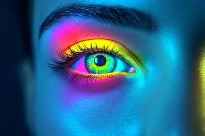 Extreme Close Up Of Human Eye With Neon Makeup