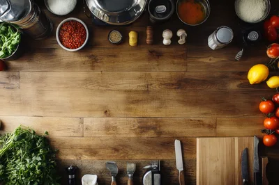 Top View Of Fresh Ingredients On Wooden Kitchen Table