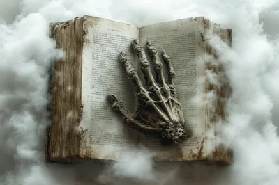 Skeletal Hand Resting On An Ancient Open Book