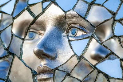 Close Up Of A Metallic Face Behind Shattered Glass
