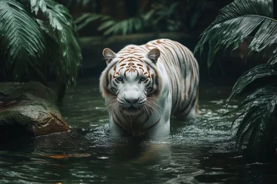 White Tiger Standing In A Tropical Jungle Stream