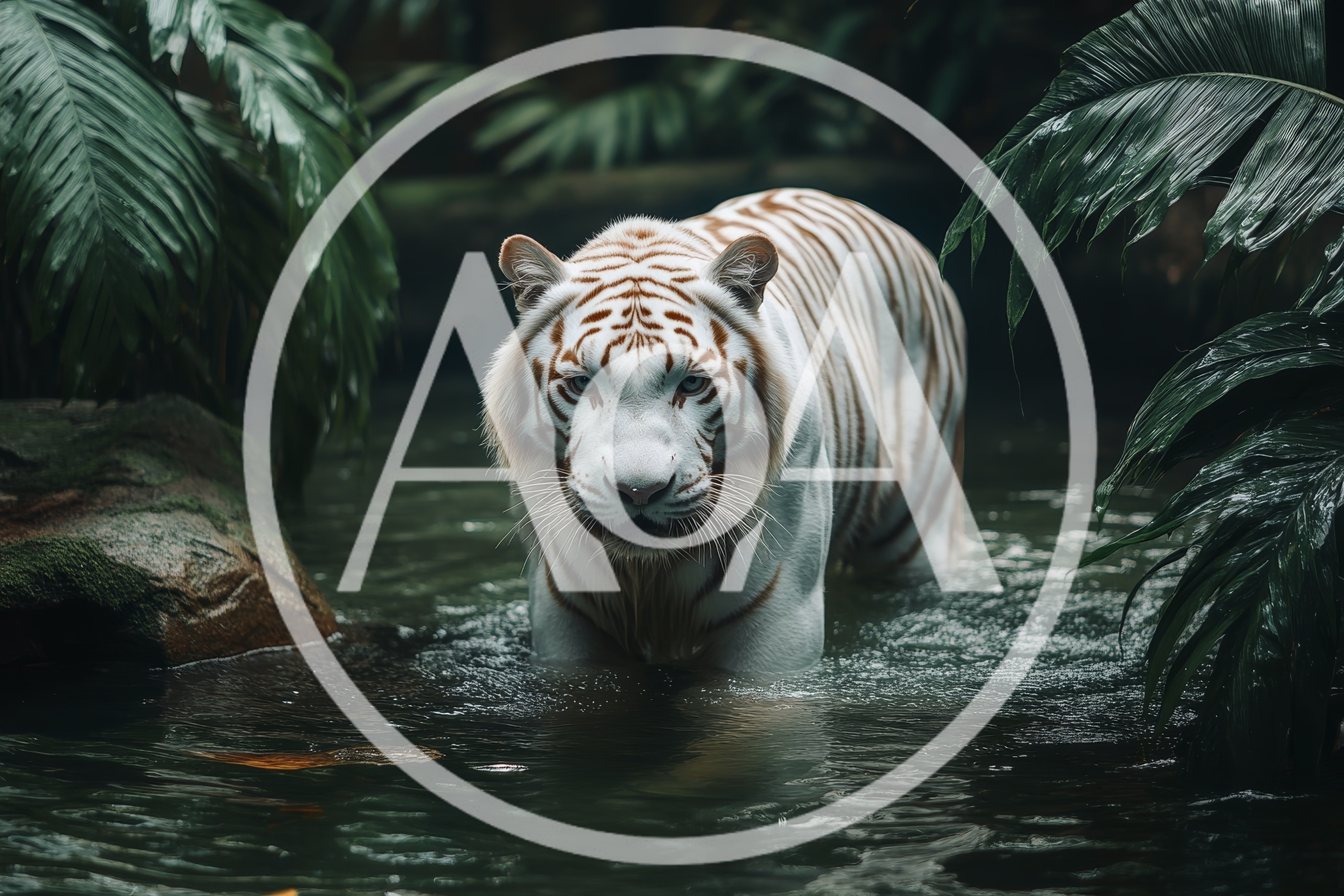 White Tiger Standing In A Tropical Jungle Stream