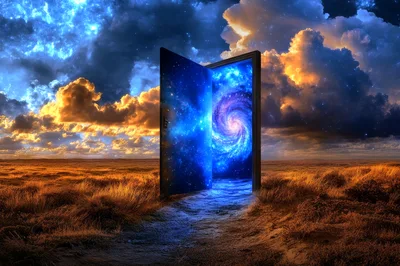 Surreal Doorway Opening To A Glowing Cosmic Galaxy