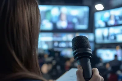 News Reporter Holding Microphone In Television Broadcast Studio