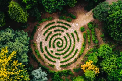Aerial View Of A Circular Garden Labyrinth