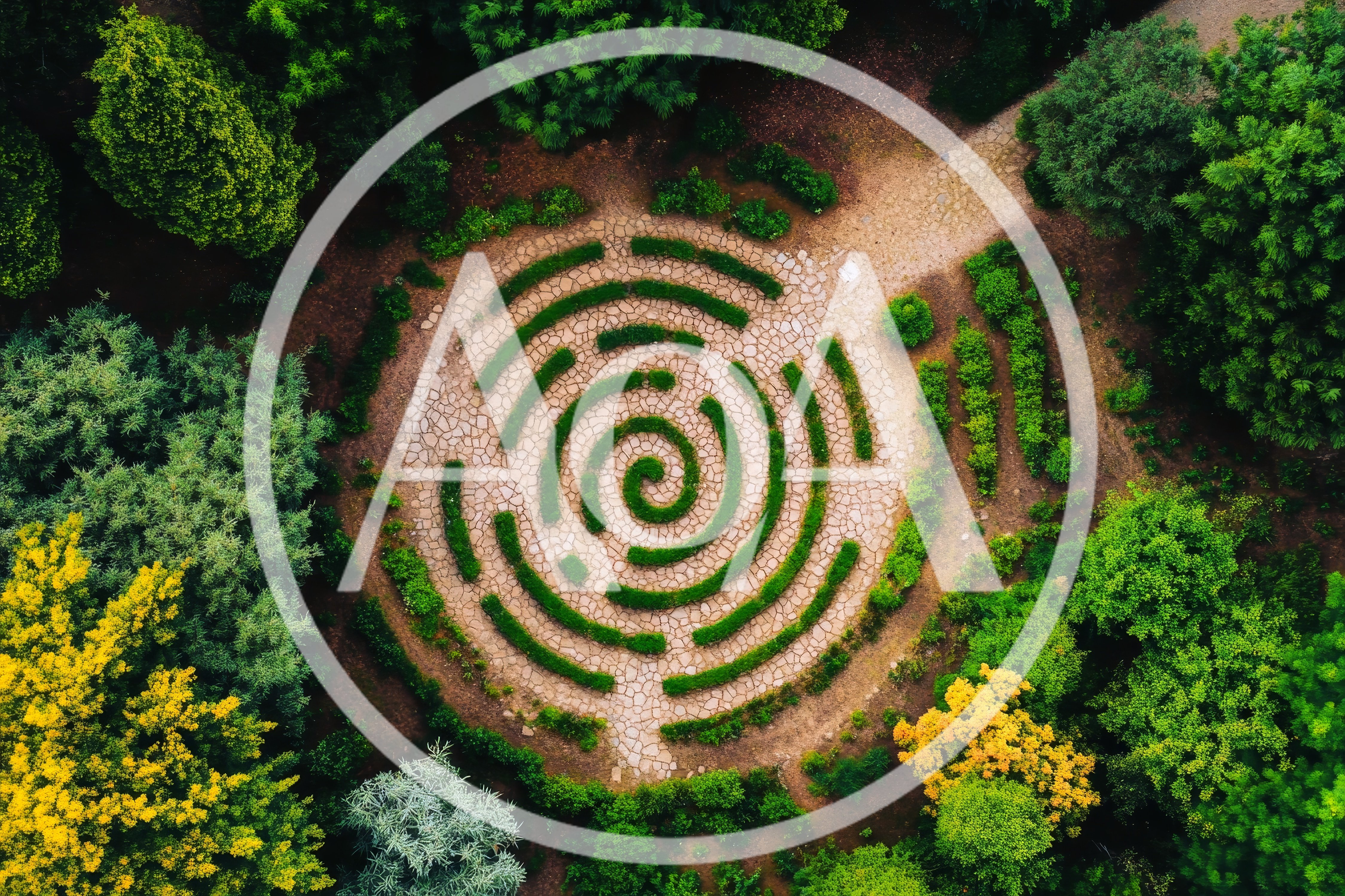 Aerial View Of A Circular Garden Labyrinth